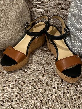Coach Two-Tone Cork Wedge Sandals - Black & Brown